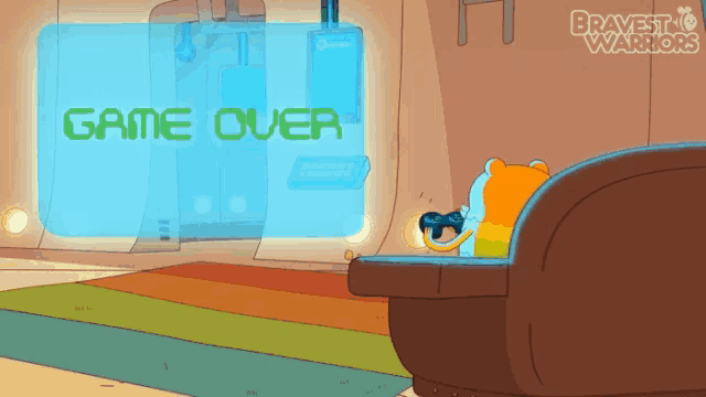 a cartoon of a bear playing a video game that says game over on the screen