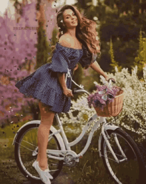 a woman in a blue dress is riding a bike with a basket of flowers on it
