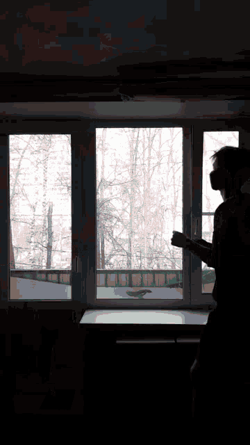 a person is standing in front of a window looking out