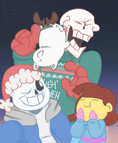 a drawing of a group of skeletons with one wearing a sweater that says heh heh