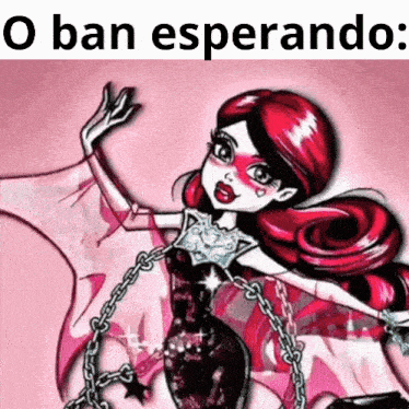 a draculaura monster high doll is chained to a wall and has a pink background .