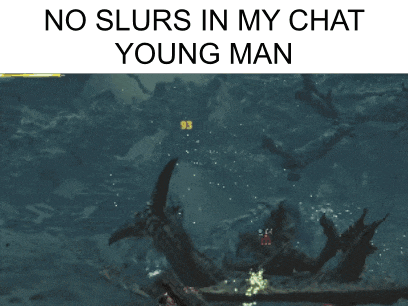 a poster that says no slurs in my chat young man on it