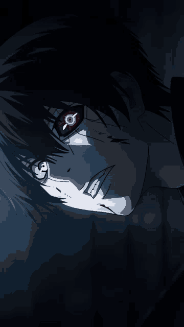 a close up of a person 's face with a red eye