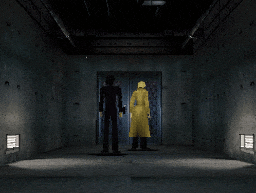 a man in a black suit and a man in a yellow coat stand in a dark room