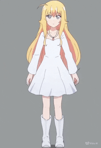 a drawing of a girl in a white dress and white boots with the words " vido all " at the bottom
