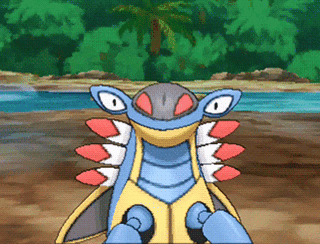a blue and yellow pokemon with red eyes is standing on a beach