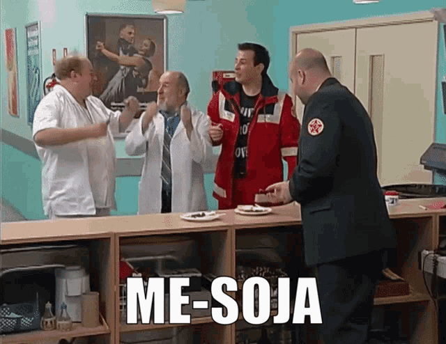 a group of men standing around a counter with me-soja written on the bottom