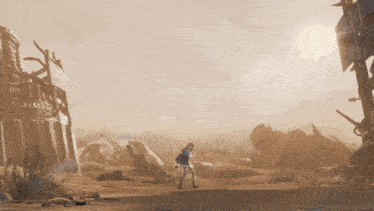 a drawing of a person walking through a desert
