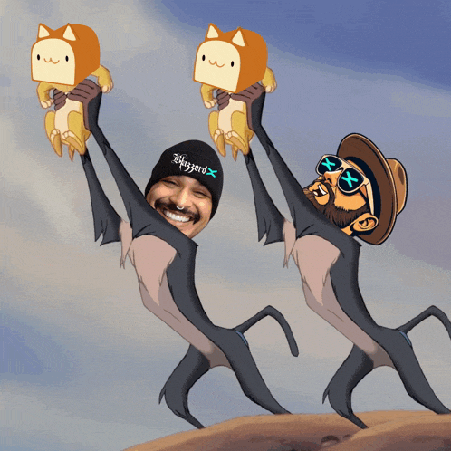 a cartoon of a man wearing a blizzard hat holding a cat