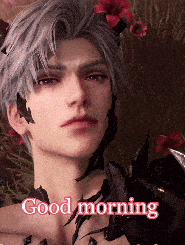 a man with flowers in his hair and the words good morning