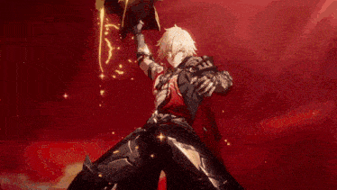 a video game character is holding a sword in a red background