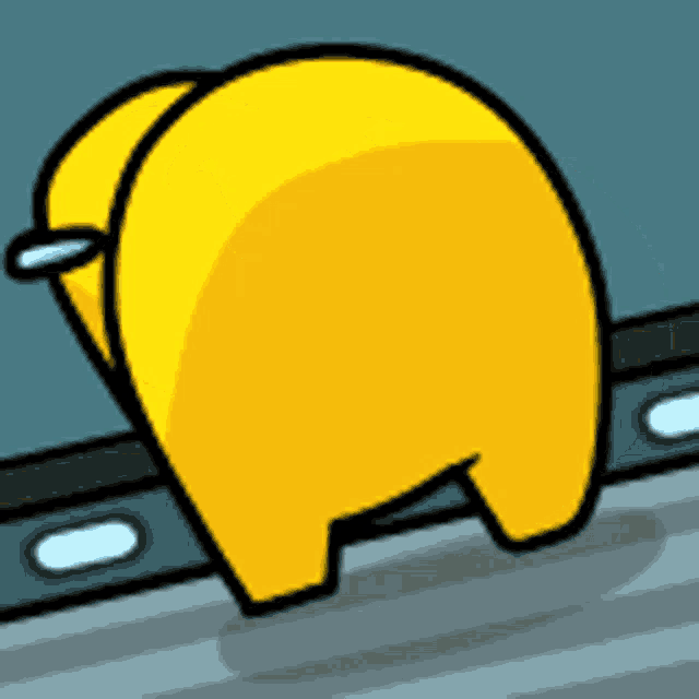 a yellow among us character is standing next to a railing .