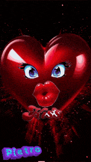 a red heart with a woman 's face on it and the word kiss on it