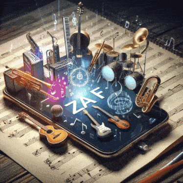 a phone with a bunch of musical instruments on it and the word zaf