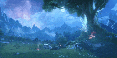 a fairy is sitting under a tree in a field