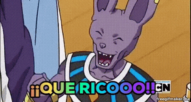 a cartoon character from dragon ball z is laughing and saying que ricooo ! cn .