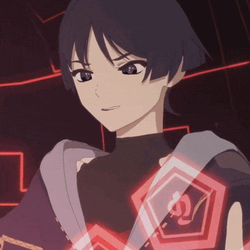 a cartoon character with black hair and a red circle around his neck