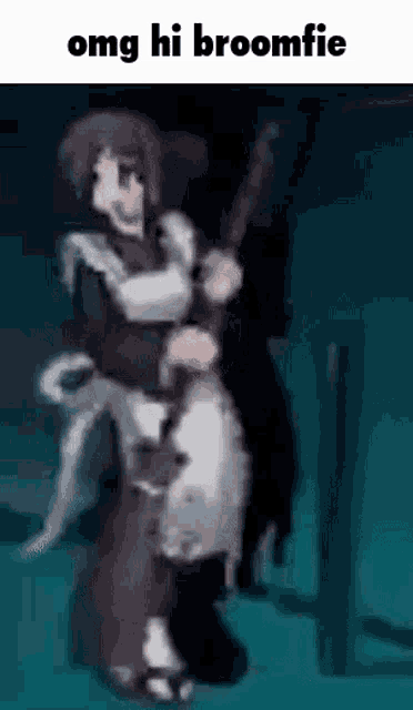 a cartoon of a woman holding a broom with the words `` omg hi broomfie '' written above her .
