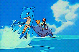 a cartoon of a man riding on the back of a pokemon in the water