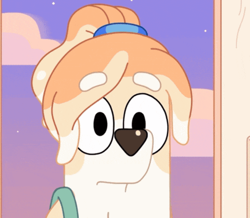 a cartoon drawing of a dog with a ponytail and a backpack