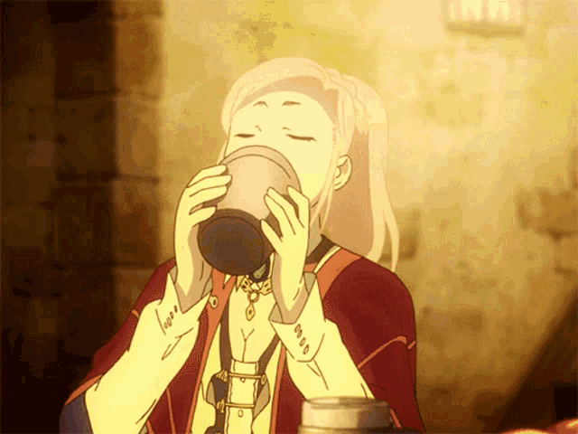 a cartoon of a woman drinking from a cup with the letter y on her sleeve