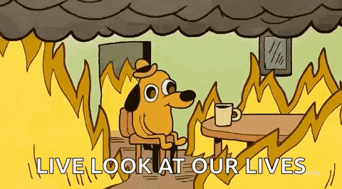 a dog is sitting at a table in front of a fire .