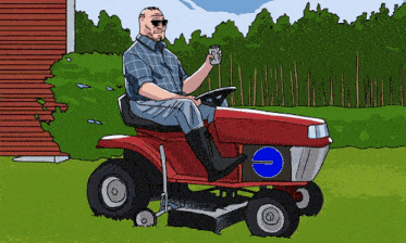 a cartoon of a man riding a lawn mower with a pepsi can in his hand