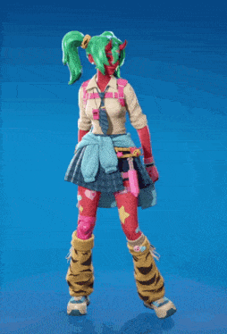 a cartoon character with green hair and red arms