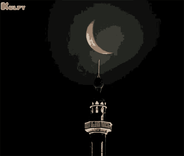 a picture of a crescent moon behind a tower with kolfy written on the bottom right