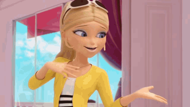 a cartoon girl wearing sunglasses and a yellow jacket is standing in front of a pink door .