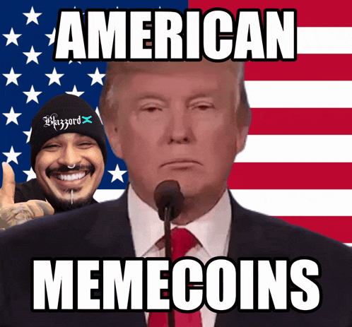 a picture of donald trump with the words american memecoins