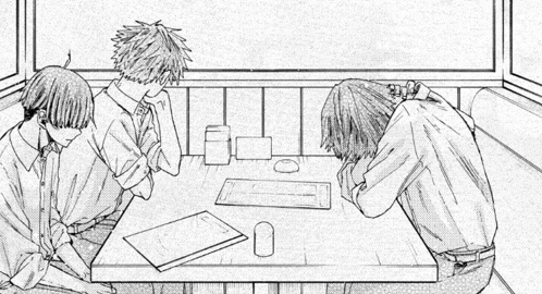 a black and white drawing of three men sitting at a table in a cafe .