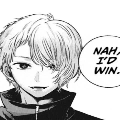 a black and white drawing of a boy with a speech bubble that says nah , i 'd win