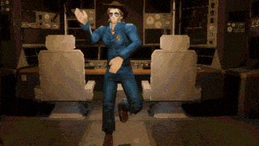 a man in a blue suit and cowboy hat is dancing