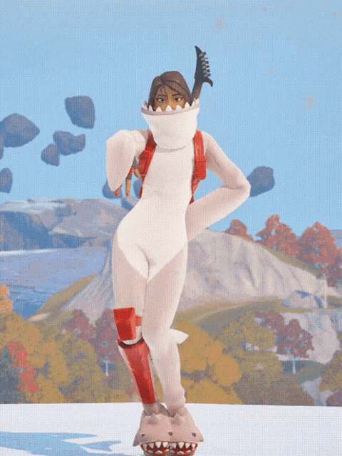 a cartoon character in a white and red outfit salutes in front of a mountain