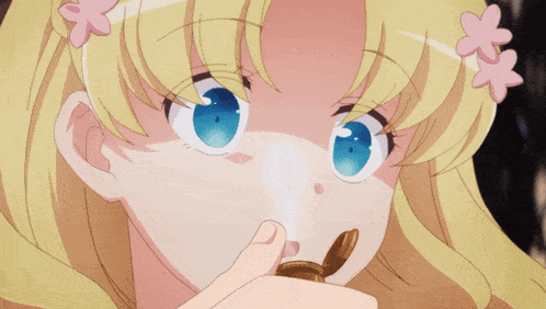 a blonde anime girl with blue eyes and pink flowers in her hair is smoking a cigarette