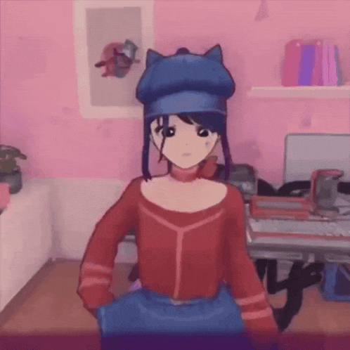 a girl in a red shirt and blue hat is standing in a room .