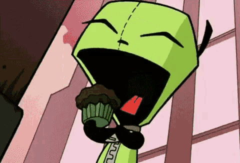 a cartoon character with a mustache is eating a muffin