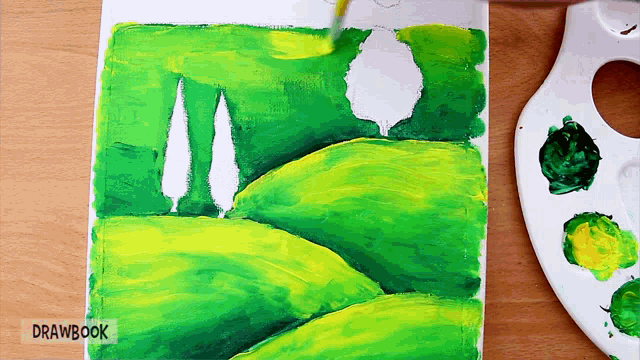 a painting of a landscape with drawbook written on the bottom right