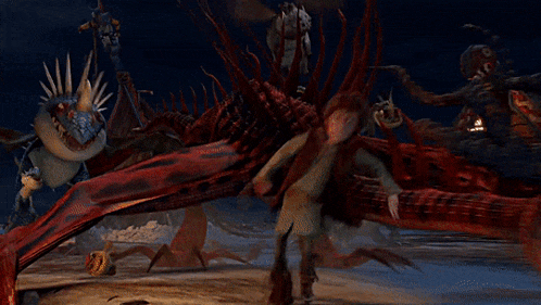 a boy stands in front of a group of monsters