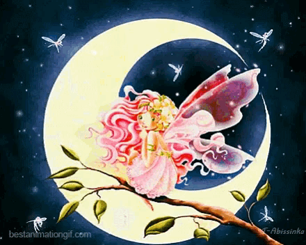 a fairy is sitting on a branch in front of the moon
