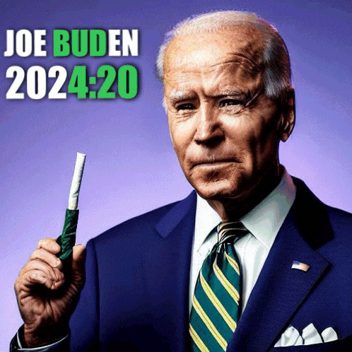 a man in a suit and tie is holding a cigarette in front of a sign that says joe buden