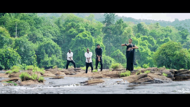 a group of people standing on rocks near a river in the woods