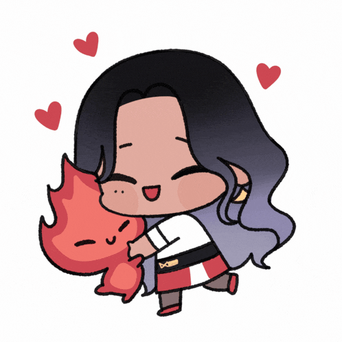 a cartoon drawing of a girl hugging a red fire monster