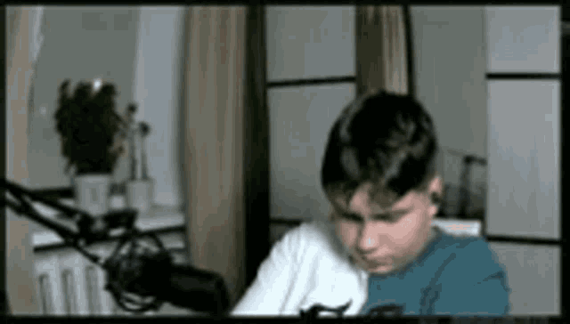 a young boy is sitting in front of a microphone in a living room .