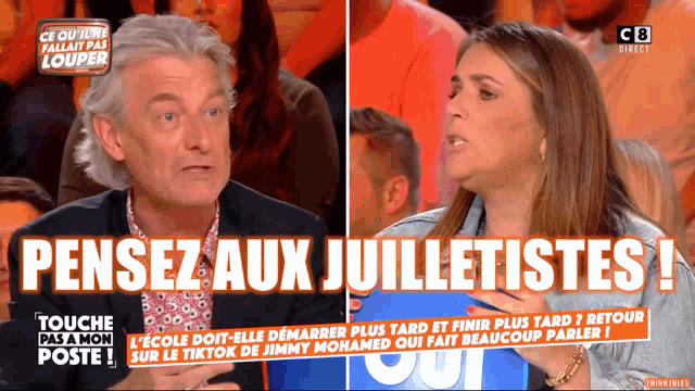 a man and a woman are on a television screen with the words pensez aux juilletistes on it