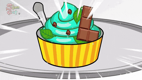 a cartoon drawing of a bowl of ice cream with a chocolate bar on top and the words slime eat on the bottom