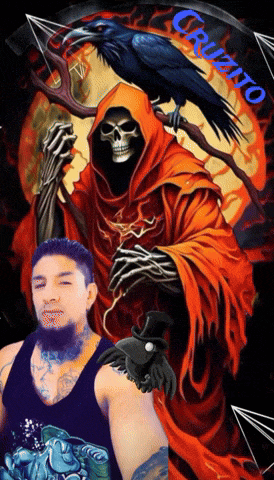 a grim reaper with a black crow and the name cruzito on the bottom