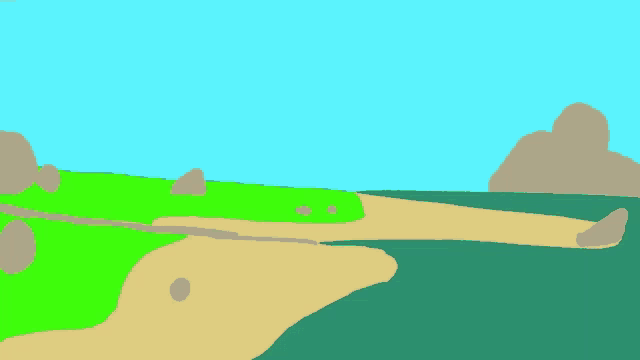 a drawing of an island with palm trees and a campfire