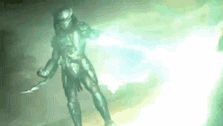 a predator is standing in the dark holding a knife and a lightning bolt .